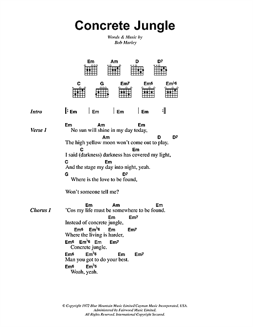 Preview Bob Marley Concrete Jungle Reggae sheet music, notes and chords for Lyrics & Chords, SKU: 41838 sheet music, piano notes, chords, guitar tabs, score, transpose, transcribe, how to play, guide, download, learn, tutorial, progression, song, artist, awards, billboard, mtv, vh1, tour, single, album, release