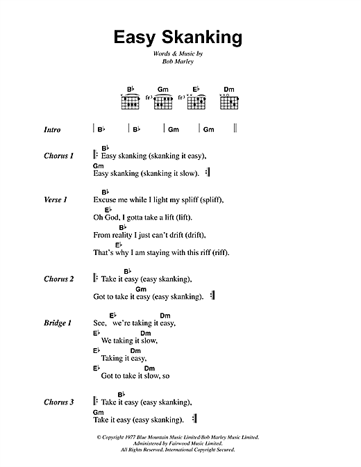 Preview Bob Marley Easy Skanking Reggae sheet music, notes and chords for Lyrics & Chords, SKU: 41849 sheet music, piano notes, chords, guitar tabs, score, transpose, transcribe, how to play, guide, download, learn, tutorial, progression, song, artist, awards, billboard, mtv, vh1, tour, single, album, release