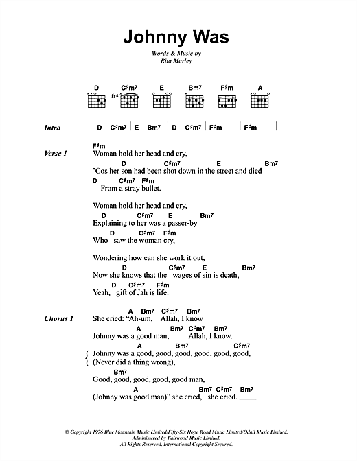 Preview Bob Marley Johnny Was Reggae sheet music, notes and chords for Lyrics & Chords, SKU: 41850 sheet music, piano notes, chords, guitar tabs, score, transpose, transcribe, how to play, guide, download, learn, tutorial, progression, song, artist, awards, billboard, mtv, vh1, tour, single, album, release