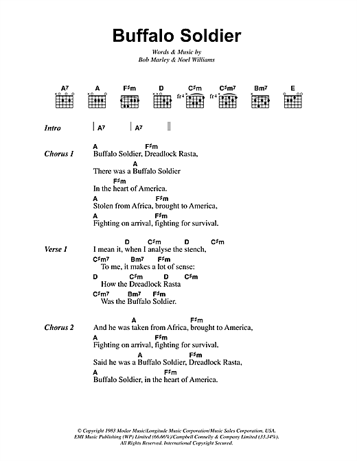 Preview Bob Marley Buffalo Soldier Reggae sheet music, notes and chords for Lyrics & Chords, SKU: 41857 sheet music, piano notes, chords, guitar tabs, score, transpose, transcribe, how to play, guide, download, learn, tutorial, progression, song, artist, awards, billboard, mtv, vh1, tour, single, album, release