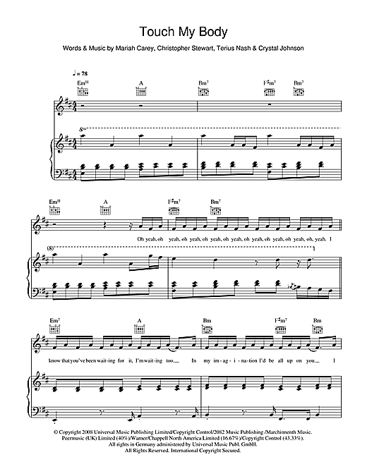 Preview Mariah Carey Touch My Body R & B sheet music, notes and chords for Piano, Vocal & Guitar, SKU: 41863 sheet music, piano notes, chords, guitar tabs, score, transpose, transcribe, how to play, guide, download, learn, tutorial, progression, song, artist, awards, billboard, mtv, vh1, tour, single, album, release