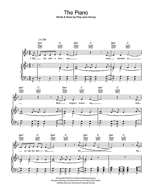 Preview P J Harvey The Piano Rock sheet music, notes and chords for Piano, Vocal & Guitar, SKU: 41875 sheet music, piano notes, chords, guitar tabs, score, transpose, transcribe, how to play, guide, download, learn, tutorial, progression, song, artist, awards, billboard, mtv, vh1, tour, single, album, release