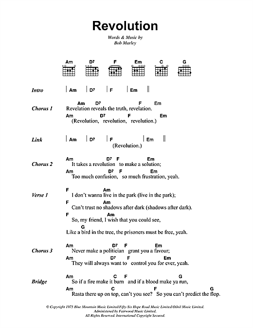 Preview Bob Marley Revolution Reggae sheet music, notes and chords for Lyrics & Chords, SKU: 41897 sheet music, piano notes, chords, guitar tabs, score, transpose, transcribe, how to play, guide, download, learn, tutorial, progression, song, artist, awards, billboard, mtv, vh1, tour, single, album, release