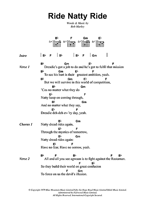 Preview Bob Marley Ride Natty Ride Reggae sheet music, notes and chords for Lyrics & Chords, SKU: 41898 sheet music, piano notes, chords, guitar tabs, score, transpose, transcribe, how to play, guide, download, learn, tutorial, progression, song, artist, awards, billboard, mtv, vh1, tour, single, album, release