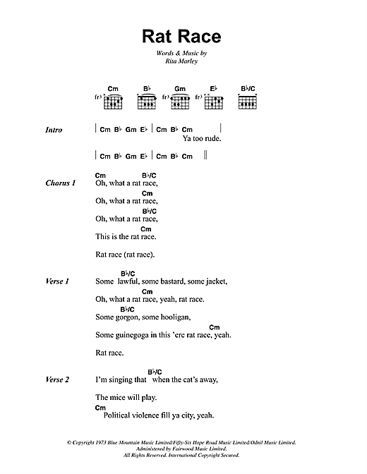 Preview Bob Marley Rat Race Reggae sheet music, notes and chords for Lyrics & Chords, SKU: 41905 sheet music, piano notes, chords, guitar tabs, score, transpose, transcribe, how to play, guide, download, learn, tutorial, progression, song, artist, awards, billboard, mtv, vh1, tour, single, album, release