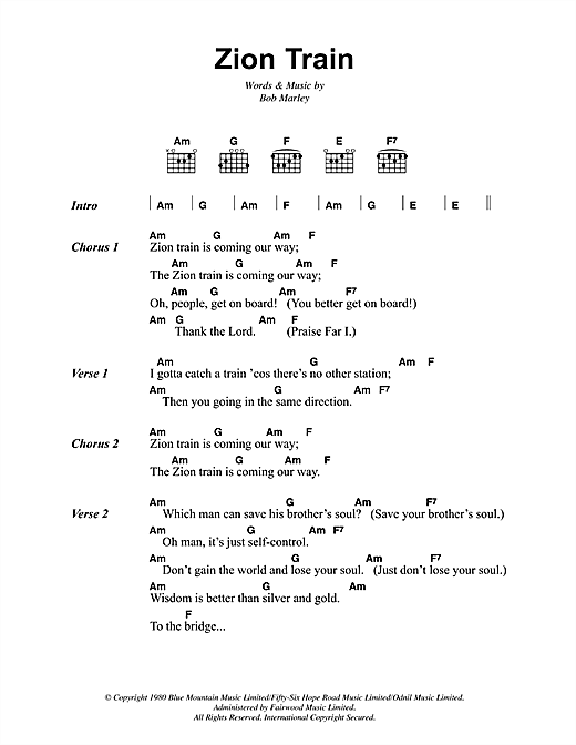 Preview Bob Marley Zion Train Reggae sheet music, notes and chords for Lyrics & Chords, SKU: 41908 sheet music, piano notes, chords, guitar tabs, score, transpose, transcribe, how to play, guide, download, learn, tutorial, progression, song, artist, awards, billboard, mtv, vh1, tour, single, album, release
