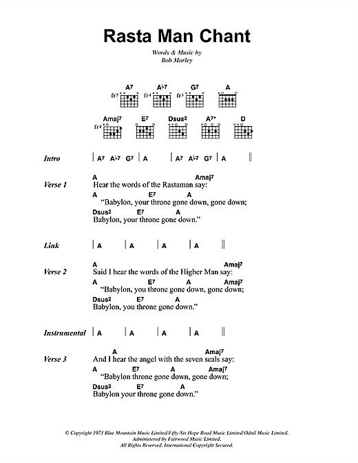 Preview Bob Marley Rasta Man Chant Reggae sheet music, notes and chords for Lyrics & Chords, SKU: 41911 sheet music, piano notes, chords, guitar tabs, score, transpose, transcribe, how to play, guide, download, learn, tutorial, progression, song, artist, awards, billboard, mtv, vh1, tour, single, album, release