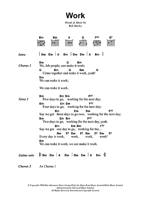 Preview Bob Marley Work Reggae sheet music, notes and chords for Lyrics & Chords, SKU: 41916 sheet music, piano notes, chords, guitar tabs, score, transpose, transcribe, how to play, guide, download, learn, tutorial, progression, song, artist, awards, billboard, mtv, vh1, tour, single, album, release