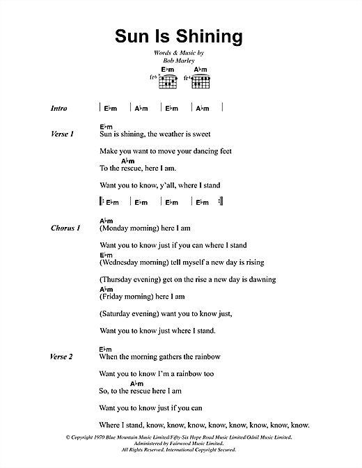 Preview Bob Marley Sun Is Shining Reggae sheet music, notes and chords for Lyrics & Chords, SKU: 41917 sheet music, piano notes, chords, guitar tabs, score, transpose, transcribe, how to play, guide, download, learn, tutorial, progression, song, artist, awards, billboard, mtv, vh1, tour, single, album, release