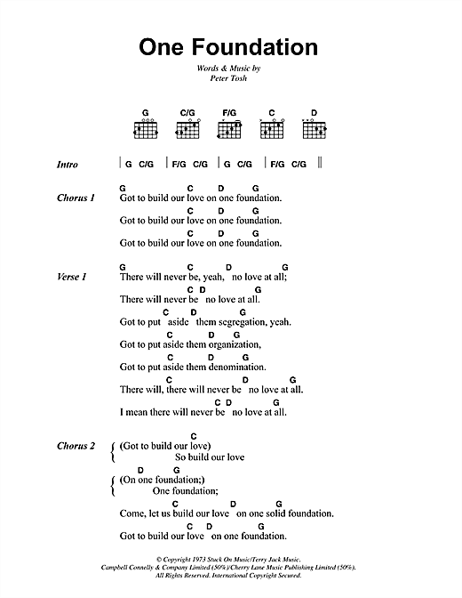 Preview Bob Marley One Foundation Reggae sheet music, notes and chords for Lyrics & Chords, SKU: 41919 sheet music, piano notes, chords, guitar tabs, score, transpose, transcribe, how to play, guide, download, learn, tutorial, progression, song, artist, awards, billboard, mtv, vh1, tour, single, album, release