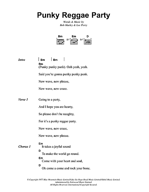 Preview Bob Marley Punky Reggae Party Reggae sheet music, notes and chords for Lyrics & Chords, SKU: 41920 sheet music, piano notes, chords, guitar tabs, score, transpose, transcribe, how to play, guide, download, learn, tutorial, progression, song, artist, awards, billboard, mtv, vh1, tour, single, album, release