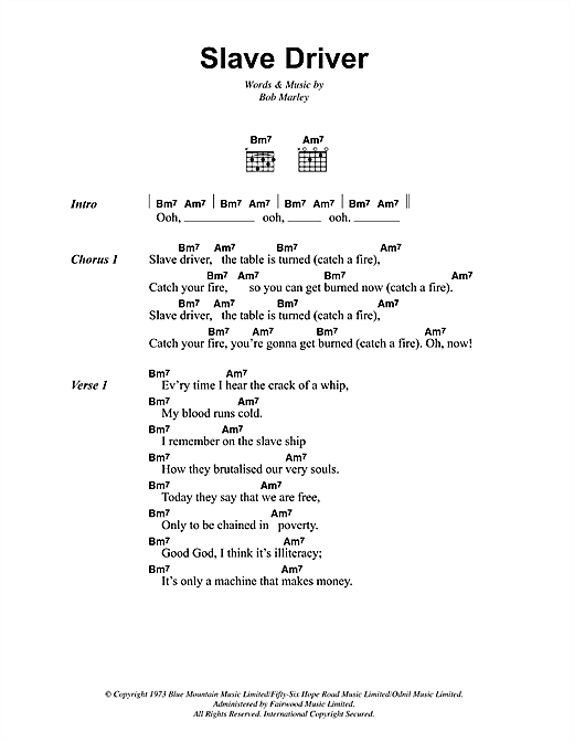 Preview Bob Marley Slave Driver Reggae sheet music, notes and chords for Lyrics & Chords, SKU: 41923 sheet music, piano notes, chords, guitar tabs, score, transpose, transcribe, how to play, guide, download, learn, tutorial, progression, song, artist, awards, billboard, mtv, vh1, tour, single, album, release