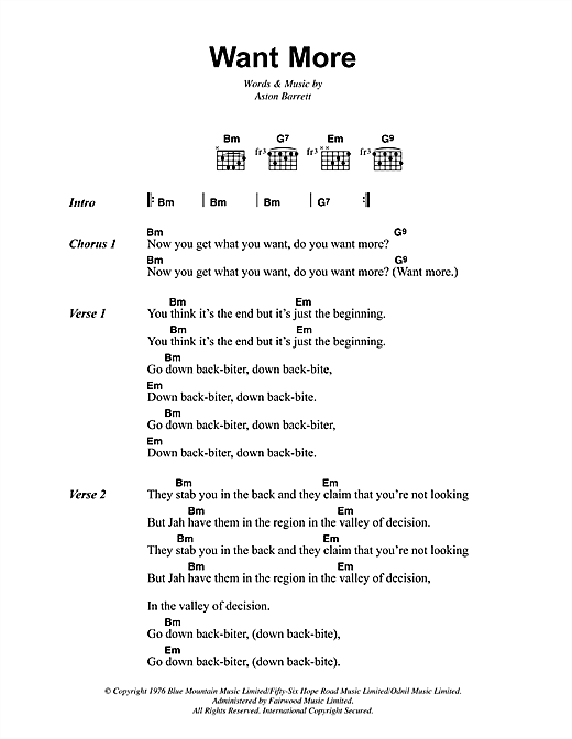 Preview Bob Marley Want More Reggae sheet music, notes and chords for Lyrics & Chords, SKU: 41926 sheet music, piano notes, chords, guitar tabs, score, transpose, transcribe, how to play, guide, download, learn, tutorial, progression, song, artist, awards, billboard, mtv, vh1, tour, single, album, release