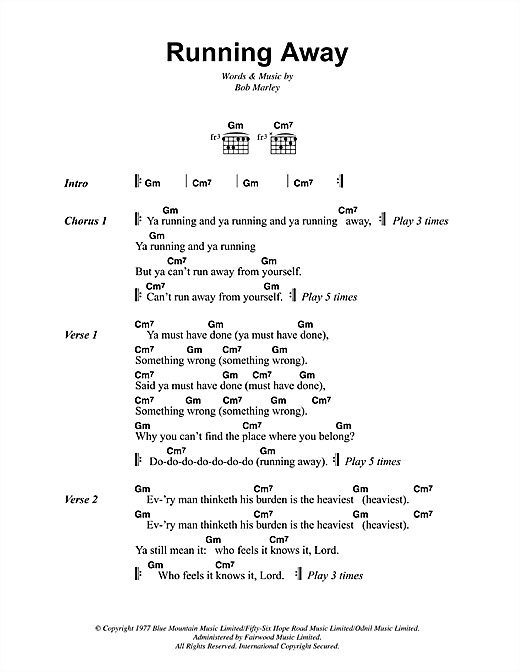 Preview Bob Marley Running Away Reggae sheet music, notes and chords for Lyrics & Chords, SKU: 41930 sheet music, piano notes, chords, guitar tabs, score, transpose, transcribe, how to play, guide, download, learn, tutorial, progression, song, artist, awards, billboard, mtv, vh1, tour, single, album, release