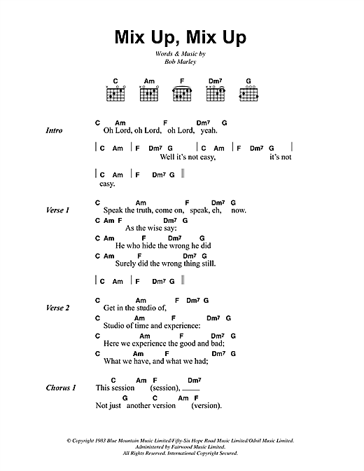 Preview Bob Marley Mix Up, Mix Up Reggae sheet music, notes and chords for Lyrics & Chords, SKU: 41936 sheet music, piano notes, chords, guitar tabs, score, transpose, transcribe, how to play, guide, download, learn, tutorial, progression, song, artist, awards, billboard, mtv, vh1, tour, single, album, release