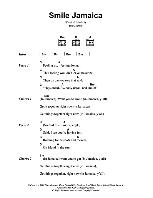 Preview Bob Marley Smile Jamaica Reggae sheet music, notes and chords for Lyrics & Chords, SKU: 41939 sheet music, piano notes, chords, guitar tabs, score, transpose, transcribe, how to play, guide, download, learn, tutorial, progression, song, artist, awards, billboard, mtv, vh1, tour, single, album, release