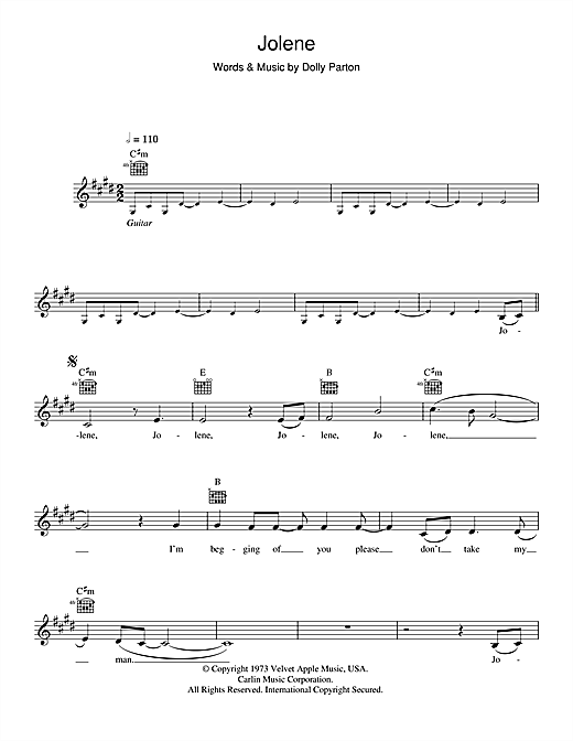 Preview Dolly Parton Jolene Country sheet music, notes and chords for Melody Line, Lyrics & Chords, SKU: 41942 sheet music, piano notes, chords, guitar tabs, score, transpose, transcribe, how to play, guide, download, learn, tutorial, progression, song, artist, awards, billboard, mtv, vh1, tour, single, album, release