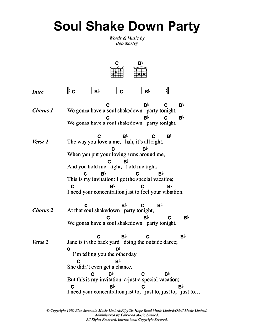 Preview Bob Marley Soul Shakedown Party Reggae sheet music, notes and chords for Lyrics & Chords, SKU: 41944 sheet music, piano notes, chords, guitar tabs, score, transpose, transcribe, how to play, guide, download, learn, tutorial, progression, song, artist, awards, billboard, mtv, vh1, tour, single, album, release