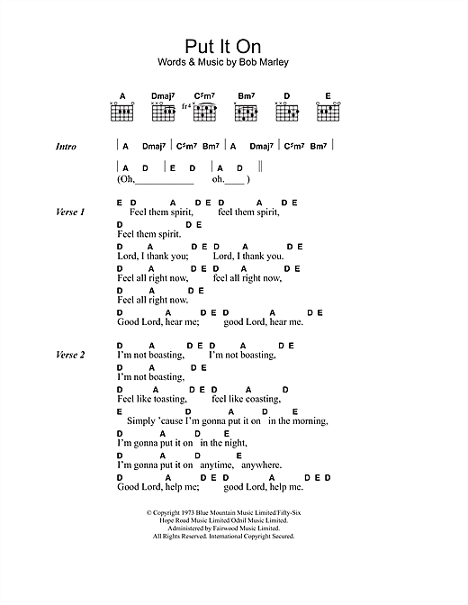 Preview Bob Marley Put It On Reggae sheet music, notes and chords for Lyrics & Chords, SKU: 41947 sheet music, piano notes, chords, guitar tabs, score, transpose, transcribe, how to play, guide, download, learn, tutorial, progression, song, artist, awards, billboard, mtv, vh1, tour, single, album, release