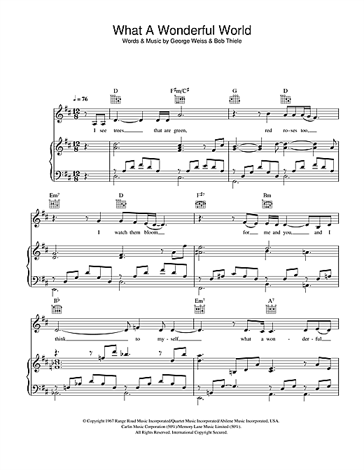 Preview Katie Melua What A Wonderful World Pop sheet music, notes and chords for Piano, Vocal & Guitar, SKU: 41977 sheet music, piano notes, chords, guitar tabs, score, transpose, transcribe, how to play, guide, download, learn, tutorial, progression, song, artist, awards, billboard, mtv, vh1, tour, single, album, release