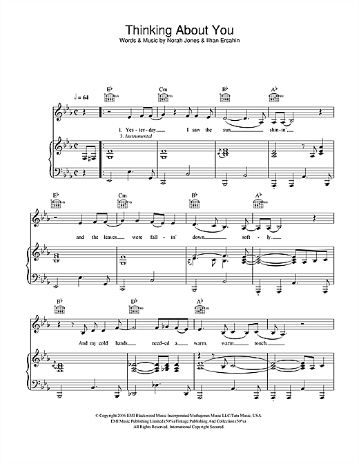 Preview Norah Jones Thinking About You Pop sheet music, notes and chords for Piano, Vocal & Guitar, SKU: 41991 sheet music, piano notes, chords, guitar tabs, score, transpose, transcribe, how to play, guide, download, learn, tutorial, progression, song, artist, awards, billboard, mtv, vh1, tour, single, album, release