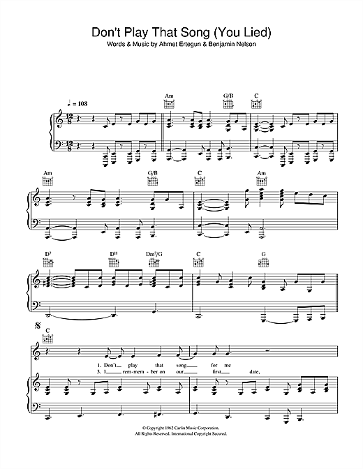 Preview Aretha Franklin Don't Play That Song (You Lied) Soul sheet music, notes and chords for Piano, Vocal & Guitar, SKU: 42010 sheet music, piano notes, chords, guitar tabs, score, transpose, transcribe, how to play, guide, download, learn, tutorial, progression, song, artist, awards, billboard, mtv, vh1, tour, single, album, release