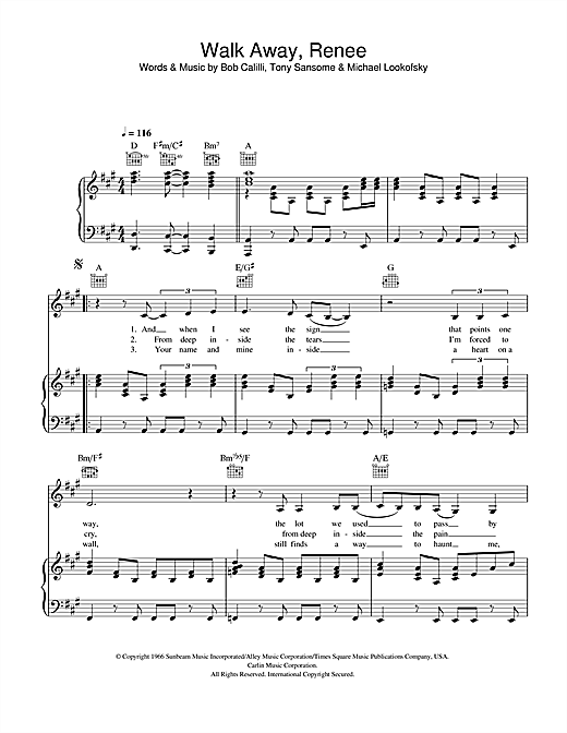 Preview The Four Tops Walk Away, Renee Soul sheet music, notes and chords for Piano, Vocal & Guitar, SKU: 42011 sheet music, piano notes, chords, guitar tabs, score, transpose, transcribe, how to play, guide, download, learn, tutorial, progression, song, artist, awards, billboard, mtv, vh1, tour, single, album, release