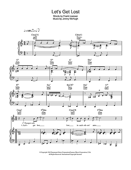 Preview Chet Baker Let's Get Lost Jazz sheet music, notes and chords for Piano, Vocal & Guitar, SKU: 42014 sheet music, piano notes, chords, guitar tabs, score, transpose, transcribe, how to play, guide, download, learn, tutorial, progression, song, artist, awards, billboard, mtv, vh1, tour, single, album, release