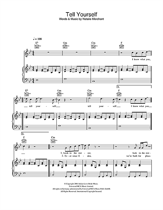 Preview Natalie Merchant Tell Yourself Pop sheet music, notes and chords for Piano, Vocal & Guitar, SKU: 42018 sheet music, piano notes, chords, guitar tabs, score, transpose, transcribe, how to play, guide, download, learn, tutorial, progression, song, artist, awards, billboard, mtv, vh1, tour, single, album, release