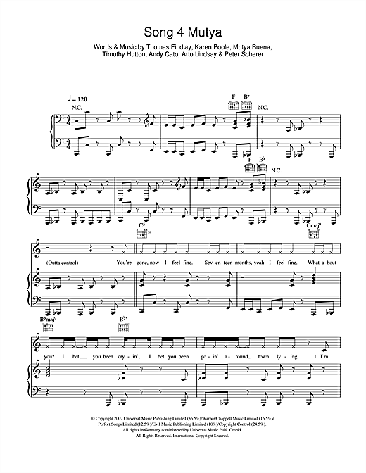 Preview Groove Armada Song 4 Mutya (Out Of Control) (feat. Mutya Buena) Pop sheet music, notes and chords for Piano, Vocal & Guitar, SKU: 42129 sheet music, piano notes, chords, guitar tabs, score, transpose, transcribe, how to play, guide, download, learn, tutorial, progression, song, artist, awards, billboard, mtv, vh1, tour, single, album, release