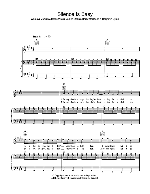 Preview Starsailor Silence Is Easy Rock sheet music, notes and chords for Piano, Vocal & Guitar, SKU: 42130 sheet music, piano notes, chords, guitar tabs, score, transpose, transcribe, how to play, guide, download, learn, tutorial, progression, song, artist, awards, billboard, mtv, vh1, tour, single, album, release