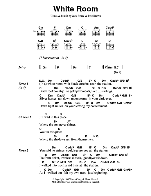 Preview Cream White Room Rock sheet music, notes and chords for Lyrics & Chords, SKU: 42145 sheet music, piano notes, chords, guitar tabs, score, transpose, transcribe, how to play, guide, download, learn, tutorial, progression, song, artist, awards, billboard, mtv, vh1, tour, single, album, release