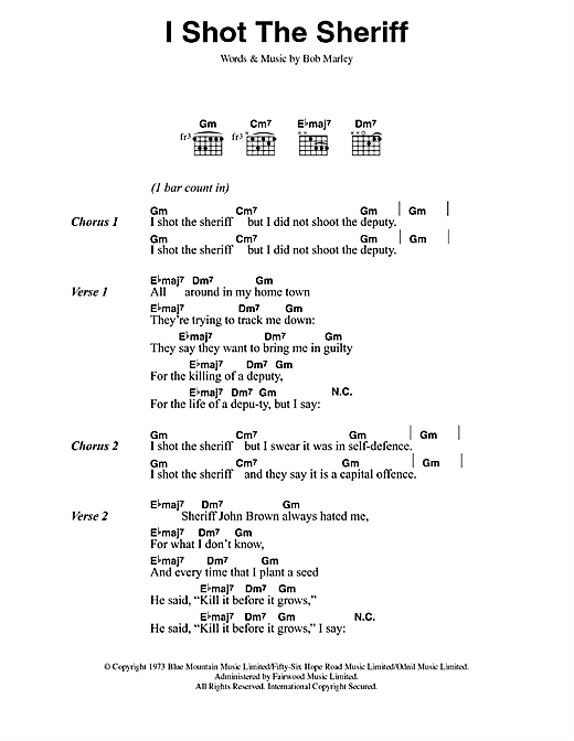 Preview Eric Clapton I Shot The Sheriff Reggae sheet music, notes and chords for Lyrics & Chords, SKU: 42146 sheet music, piano notes, chords, guitar tabs, score, transpose, transcribe, how to play, guide, download, learn, tutorial, progression, song, artist, awards, billboard, mtv, vh1, tour, single, album, release