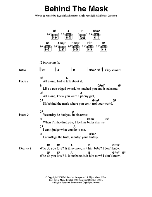 Preview Eric Clapton Behind The Mask Rock sheet music, notes and chords for Lyrics & Chords, SKU: 42148 sheet music, piano notes, chords, guitar tabs, score, transpose, transcribe, how to play, guide, download, learn, tutorial, progression, song, artist, awards, billboard, mtv, vh1, tour, single, album, release