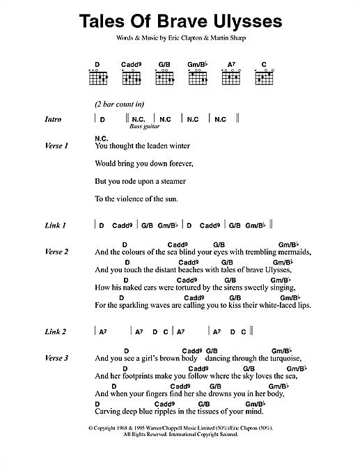 Preview Cream Tales Of Brave Ulysses Rock sheet music, notes and chords for Lyrics & Chords, SKU: 42152 sheet music, piano notes, chords, guitar tabs, score, transpose, transcribe, how to play, guide, download, learn, tutorial, progression, song, artist, awards, billboard, mtv, vh1, tour, single, album, release