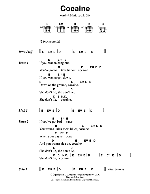 Preview Eric Clapton Cocaine Rock sheet music, notes and chords for Lyrics & Chords, SKU: 42154 sheet music, piano notes, chords, guitar tabs, score, transpose, transcribe, how to play, guide, download, learn, tutorial, progression, song, artist, awards, billboard, mtv, vh1, tour, single, album, release