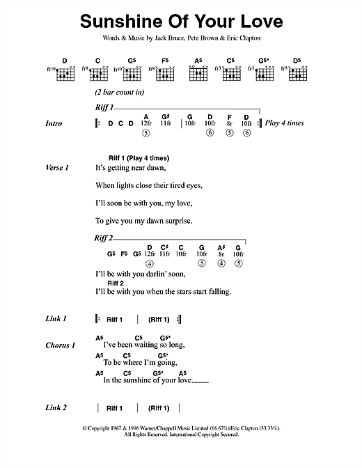 Preview Cream Sunshine Of Your Love Rock sheet music, notes and chords for Lyrics & Chords, SKU: 42155 sheet music, piano notes, chords, guitar tabs, score, transpose, transcribe, how to play, guide, download, learn, tutorial, progression, song, artist, awards, billboard, mtv, vh1, tour, single, album, release