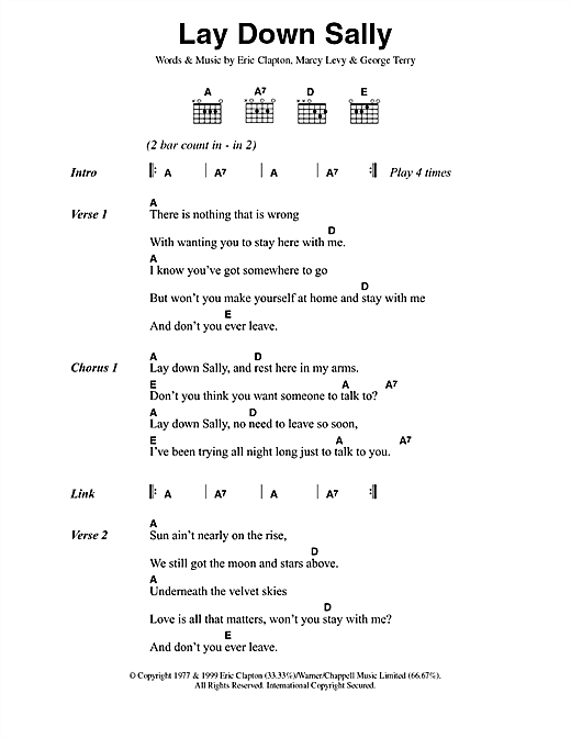 Preview Eric Clapton Lay Down Sally Rock sheet music, notes and chords for Lyrics & Chords, SKU: 42157 sheet music, piano notes, chords, guitar tabs, score, transpose, transcribe, how to play, guide, download, learn, tutorial, progression, song, artist, awards, billboard, mtv, vh1, tour, single, album, release