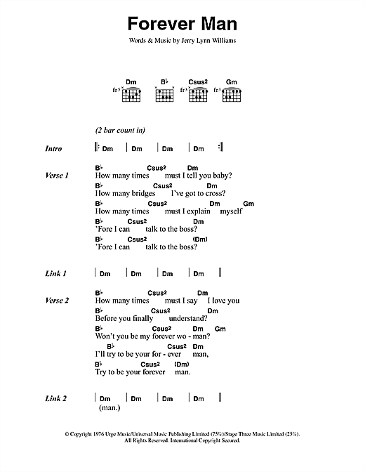 Preview Eric Clapton Forever Man Rock sheet music, notes and chords for Lyrics & Chords, SKU: 42160 sheet music, piano notes, chords, guitar tabs, score, transpose, transcribe, how to play, guide, download, learn, tutorial, progression, song, artist, awards, billboard, mtv, vh1, tour, single, album, release