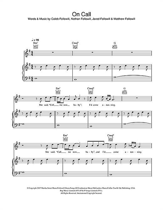 Preview Kings Of Leon On Call Rock sheet music, notes and chords for Piano, Vocal & Guitar, SKU: 42166 sheet music, piano notes, chords, guitar tabs, score, transpose, transcribe, how to play, guide, download, learn, tutorial, progression, song, artist, awards, billboard, mtv, vh1, tour, single, album, release