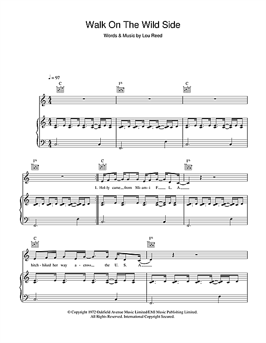 Preview Lou Reed Walk On The Wild Side Rock sheet music, notes and chords for Piano, Vocal & Guitar, SKU: 42170 sheet music, piano notes, chords, guitar tabs, score, transpose, transcribe, how to play, guide, download, learn, tutorial, progression, song, artist, awards, billboard, mtv, vh1, tour, single, album, release