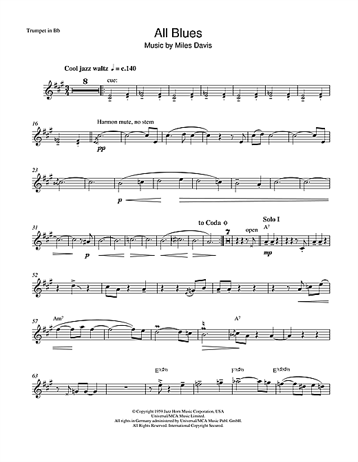 Preview Miles Davis All Blues Jazz sheet music, notes and chords for Trumpet, SKU: 42174 sheet music, piano notes, chords, guitar tabs, score, transpose, transcribe, how to play, guide, download, learn, tutorial, progression, song, artist, awards, billboard, mtv, vh1, tour, single, album, release