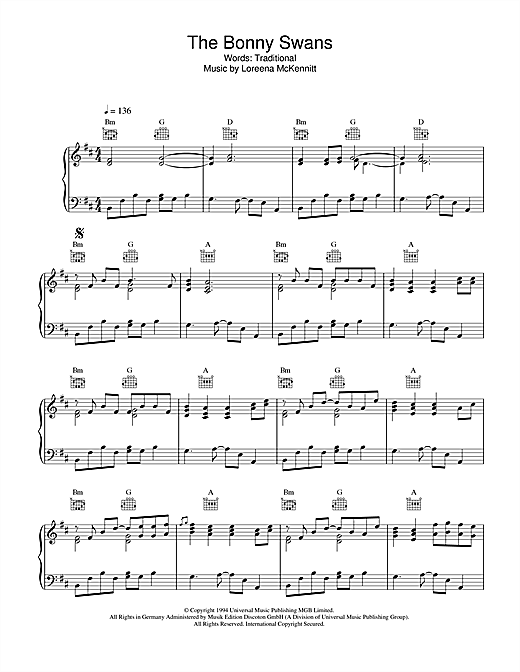 Preview Loreena McKennitt The Bonny Swans Folk sheet music, notes and chords for Piano, Vocal & Guitar, SKU: 42179 sheet music, piano notes, chords, guitar tabs, score, transpose, transcribe, how to play, guide, download, learn, tutorial, progression, song, artist, awards, billboard, mtv, vh1, tour, single, album, release