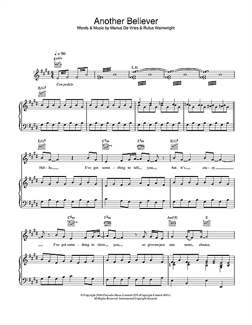 Preview Rufus Wainwright Another Believer Rock sheet music, notes and chords for Piano, Vocal & Guitar, SKU: 42182 sheet music, piano notes, chords, guitar tabs, score, transpose, transcribe, how to play, guide, download, learn, tutorial, progression, song, artist, awards, billboard, mtv, vh1, tour, single, album, release