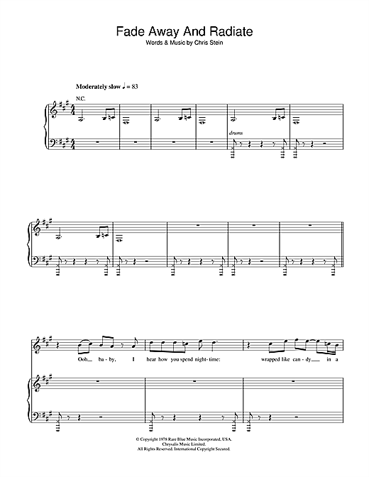 Preview Blondie Fade Away And Radiate Rock sheet music, notes and chords for Piano, Vocal & Guitar, SKU: 42183 sheet music, piano notes, chords, guitar tabs, score, transpose, transcribe, how to play, guide, download, learn, tutorial, progression, song, artist, awards, billboard, mtv, vh1, tour, single, album, release