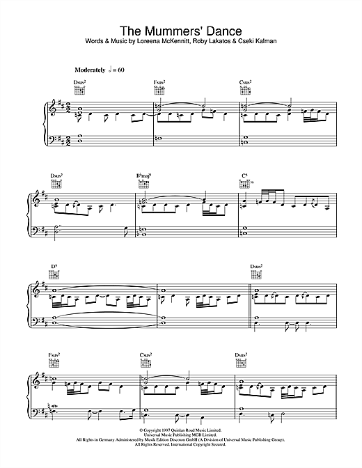 Preview Loreena McKennitt The Mummers' Dance Pop sheet music, notes and chords for Piano, Vocal & Guitar, SKU: 42185 sheet music, piano notes, chords, guitar tabs, score, transpose, transcribe, how to play, guide, download, learn, tutorial, progression, song, artist, awards, billboard, mtv, vh1, tour, single, album, release