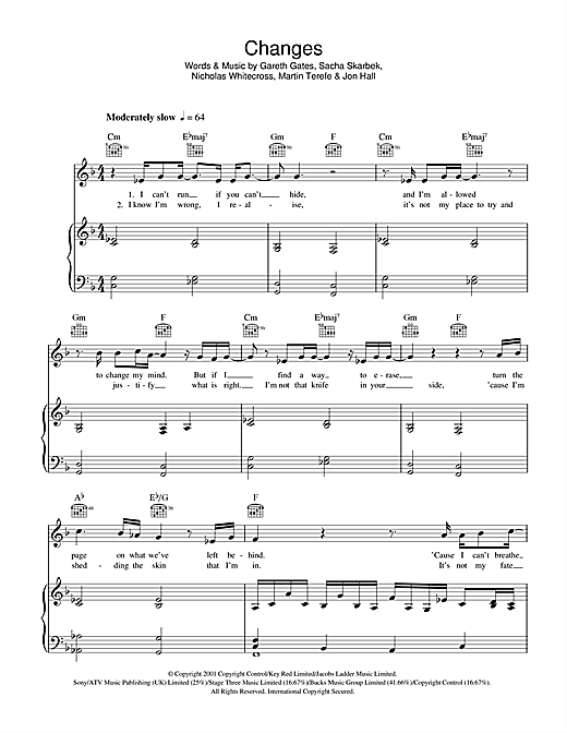 Preview Gareth Gates Changes Pop sheet music, notes and chords for Piano, Vocal & Guitar, SKU: 42189 sheet music, piano notes, chords, guitar tabs, score, transpose, transcribe, how to play, guide, download, learn, tutorial, progression, song, artist, awards, billboard, mtv, vh1, tour, single, album, release