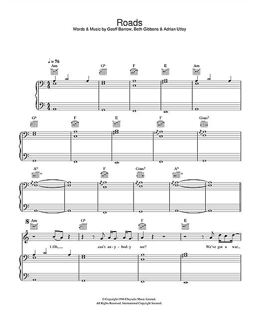 Preview Portishead Roads Pop sheet music, notes and chords for Piano, Vocal & Guitar, SKU: 42195 sheet music, piano notes, chords, guitar tabs, score, transpose, transcribe, how to play, guide, download, learn, tutorial, progression, song, artist, awards, billboard, mtv, vh1, tour, single, album, release
