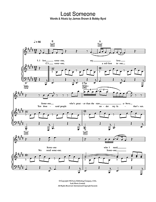 Preview James Brown Lost Someone Soul sheet music, notes and chords for Piano, Vocal & Guitar, SKU: 42199 sheet music, piano notes, chords, guitar tabs, score, transpose, transcribe, how to play, guide, download, learn, tutorial, progression, song, artist, awards, billboard, mtv, vh1, tour, single, album, release