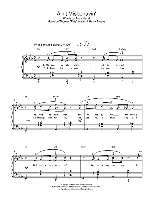 Preview Fats Waller Ain't Misbehavin' Jazz sheet music, notes and chords for Easy Piano, SKU: 42217 sheet music, piano notes, chords, guitar tabs, score, transpose, transcribe, how to play, guide, download, learn, tutorial, progression, song, artist, awards, billboard, mtv, vh1, tour, single, album, release
